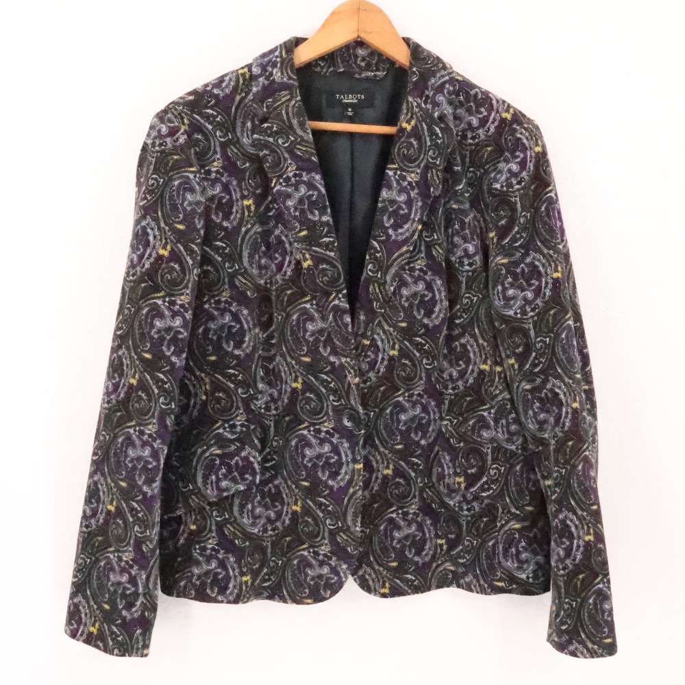 Talbots Paisley Velvet Blazer Jacket Womens Size 18 Purple Green Cotton Office